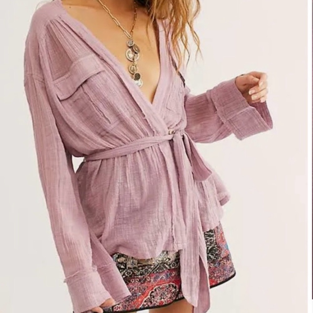 Free People We The Free Catch Me If You Can Gauze Tie-Waist Top Lilac Small